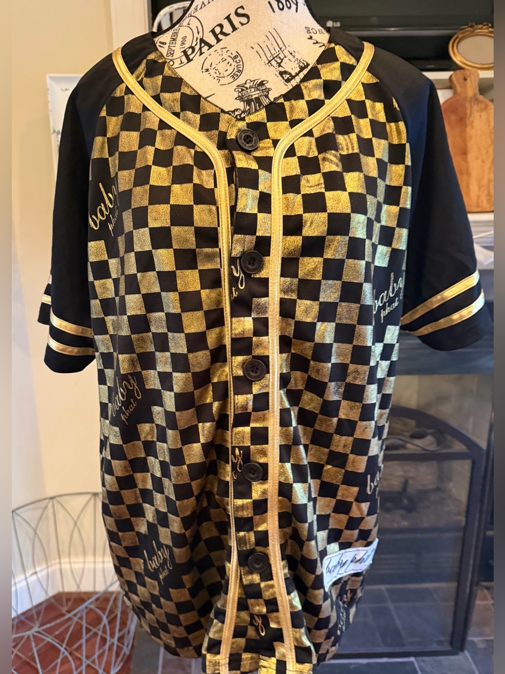 VTG Baby Phat Metallic Checkerboard Baseball Jersey Y2K Streetwear Gold Black L